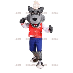 Kostium maskotki Wolf BIGGYMONKEY™ z czerwoną kurtką vintage. -