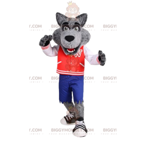 Wolf BIGGYMONKEY™ maskotkostume med rød vintagejakke. -