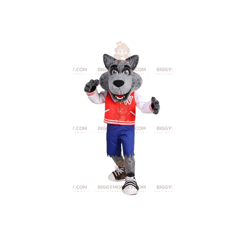 Costume de mascotte BIGGYMONKEY™ de loup avec une veste vintage Costume de mascotte BIGGYMONKEY™ de loup avec une veste vintage
