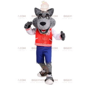 Wolf BIGGYMONKEY™ maskottiasu punaisella vintage-takilla. -
