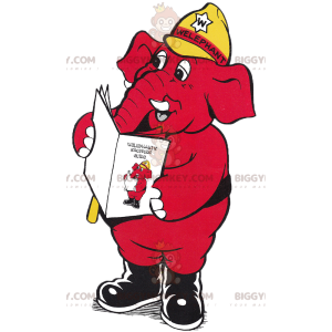 BIGGYMONKEY™ mascot costume of red elephant with yellow helmet.