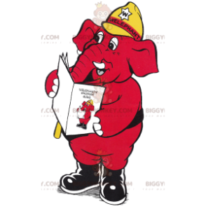 BIGGYMONKEY™ mascot costume of red elephant with yellow helmet.