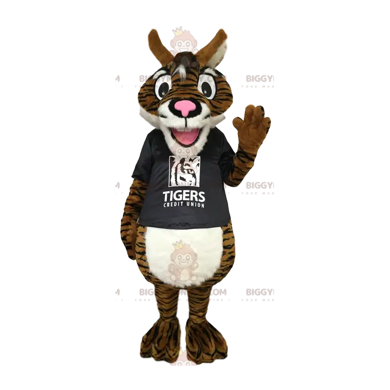 Brauner Tiger BIGGYMONKEY™ Maskottchen-Kostüm mit schwarzem Brauner Tiger BIGGYMONKEY™ Maskottchen-Kostüm mit schwarzem