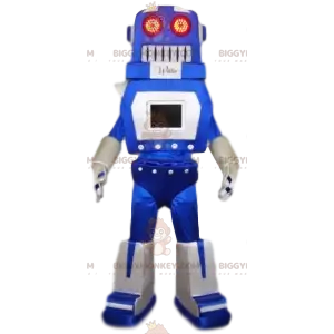 Blue and white funny robot BIGGYMONKEY™ mascot costume. robot