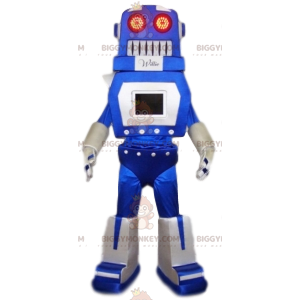 Μπλε και άσπρη αστεία στολή μασκότ ρομπότ BIGGYMONKEY™. στολή