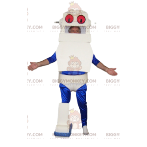 Weißes und blaues Roboter-BIGGYMONKEY™-Maskottchen-Kostüm.
