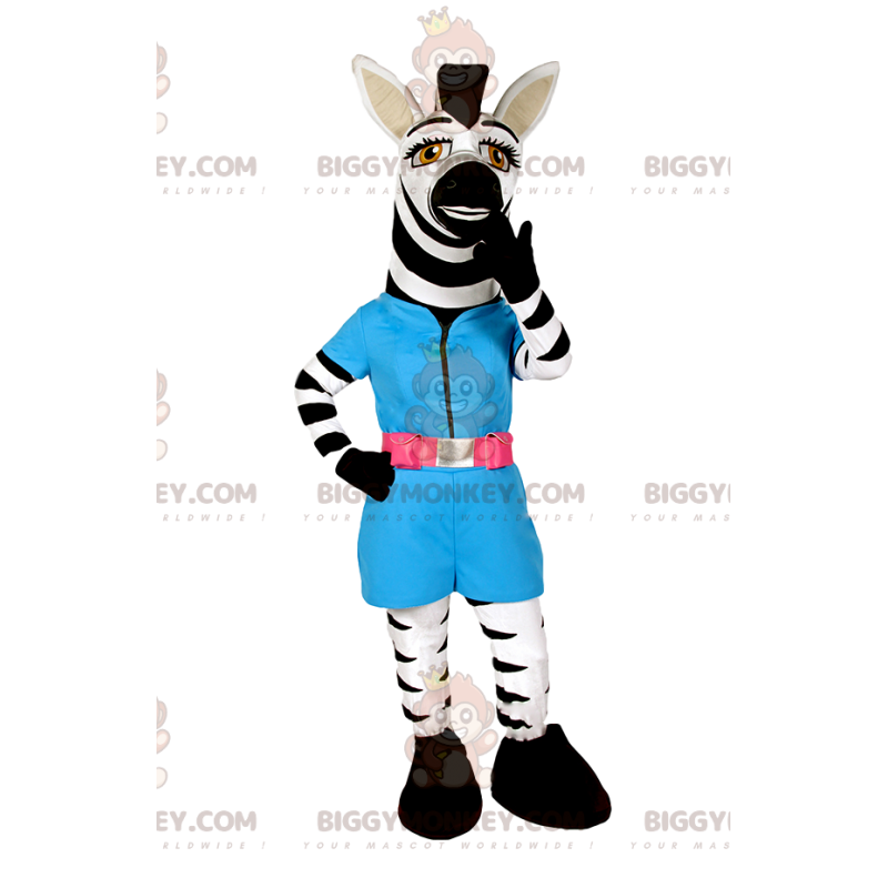 Costume de mascotte BIGGYMONKEY™ de zèbre avec une blouse bleue Costume de mascotte BIGGYMONKEY™ de zèbre avec une blouse bleue