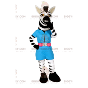 Στολή μασκότ Zebra BIGGYMONKEY™ με μπλε ρόμπα - Ζώα της ζούγκλας - BIGGYMONKEY_012524 - BiggyMonkey.com