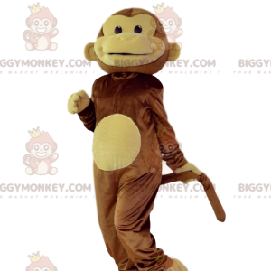 Καφέ και κίτρινη στολή μασκότ BIGGYMONKEY™ που γελάει μαϊμού.