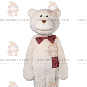 Polar Bear BIGGYMONKEY™ Mascot Costume with Plaid Bow Tie -