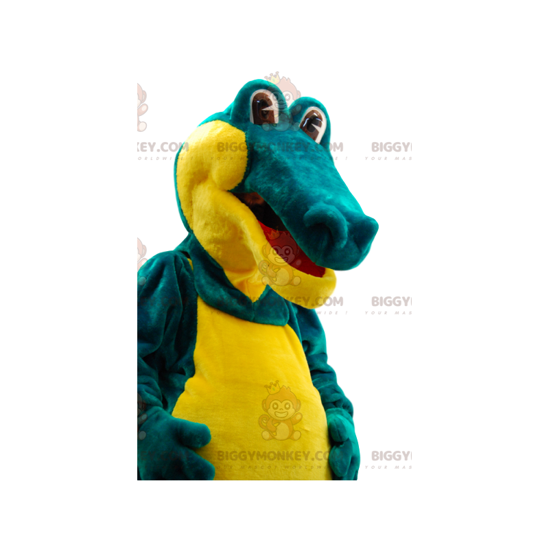 Costume de mascotte BIGGYMONKEY™ de crocodile vert et jaune Costume de mascotte BIGGYMONKEY™ de crocodile vert et jaune