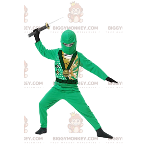 BIGGYMONKEY™ maskotkostume af grøn ninjakriger med sit sværd. -