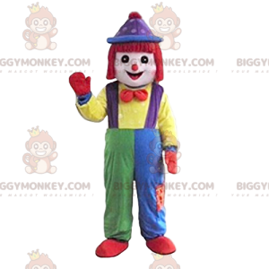 Clown BIGGYMONKEY™ Maskottchen-Kostüm mit süßen bunten Overalls