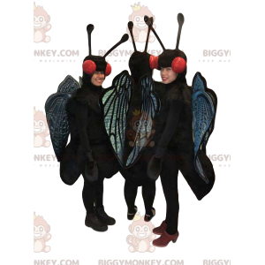 mascotte BIGGYMONKEY™ de trois papillons noirs et bleus.