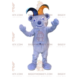 BIGGYMONKEY™ maskotdräkt av ljusblå björn med jokerhatt. -