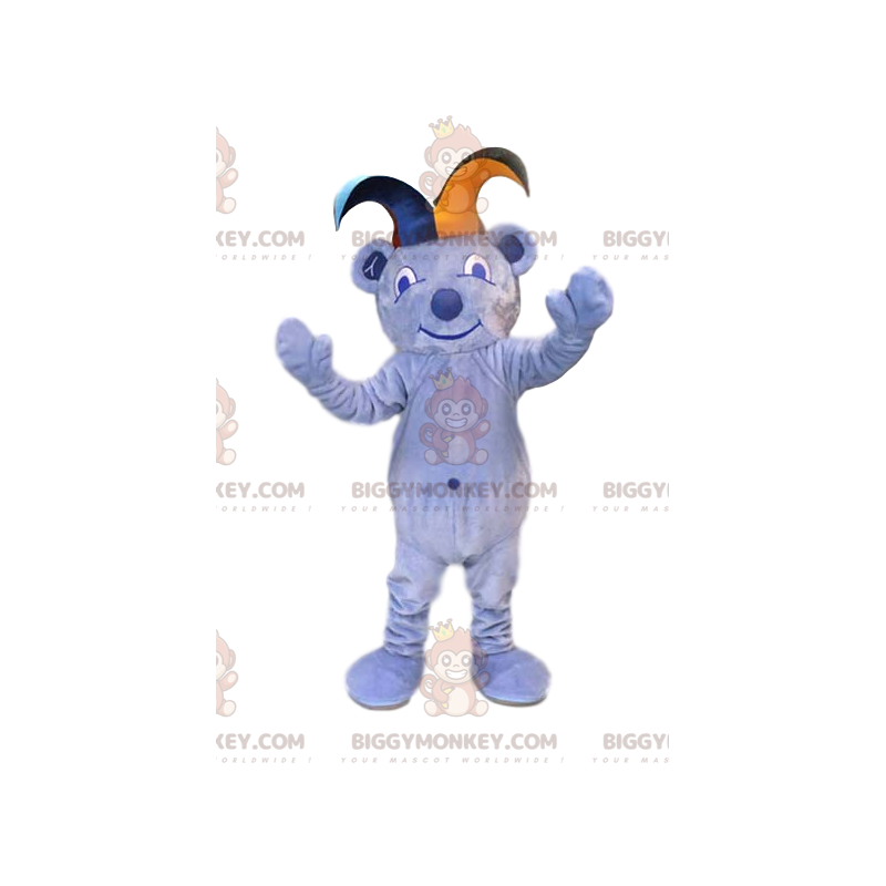 BIGGYMONKEY™ mascot costume of light blue bear with joker hat. BIGGYMONKEY™ mascot costume of light blue bear with joker hat.