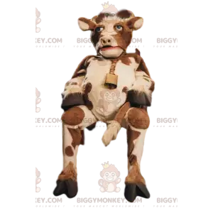 Braun-weißes Kuh-BIGGYMONKEY™-Maskottchen-Kostüm mit Glocke -