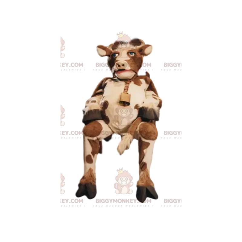 Braun-weißes Kuh-BIGGYMONKEY™-Maskottchen-Kostüm mit Glocke - Braun-weißes Kuh-BIGGYMONKEY™-Maskottchen-Kostüm mit Glocke -