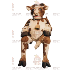 Traje de mascote BIGGYMONKEY™ de vaca marrom e branca com sino