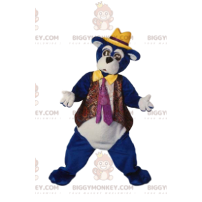 BIGGYMONKEY™ mascot costume of blue bear with yellow hat. bear