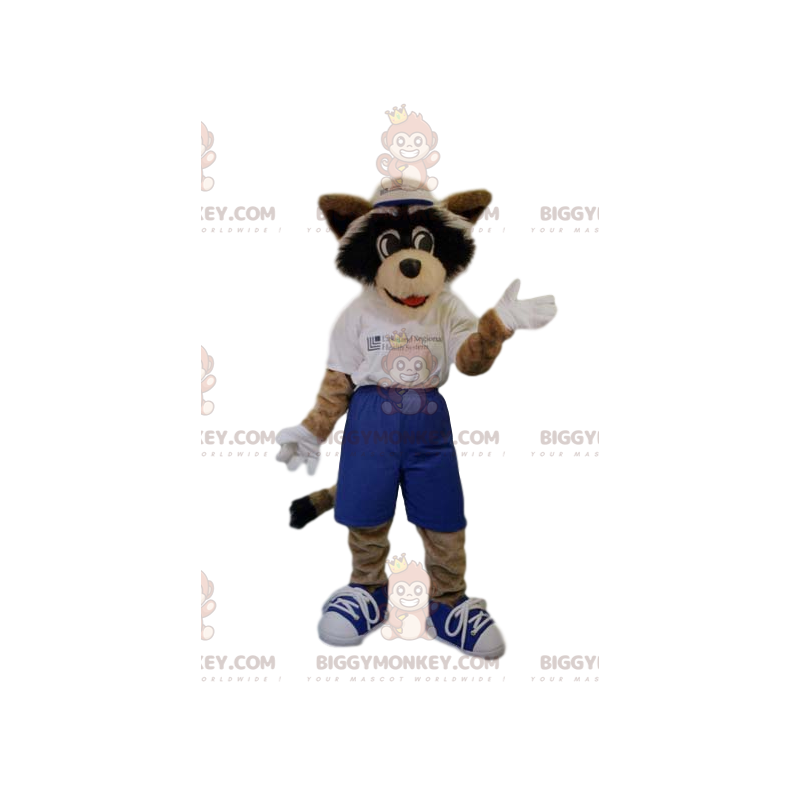 BIGGYMONKEY™ dog mascot costume with blue shorts and white BIGGYMONKEY™ dog mascot costume with blue shorts and white