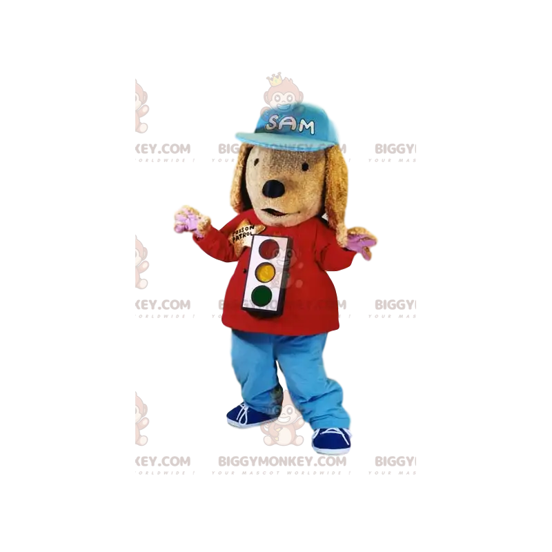 Kostým maskota psa BIGGYMONKEY™ se semaforem a čepicí – Kostým maskota psa BIGGYMONKEY™ se semaforem a čepicí –