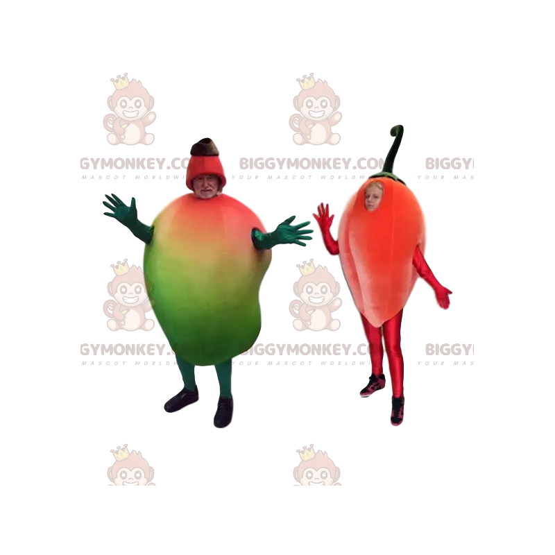 Dwa kostiumy maskotki BIGGYMONKEY™ z egzotycznymi owocami. Dwa kostiumy maskotki BIGGYMONKEY™ z egzotycznymi owocami.