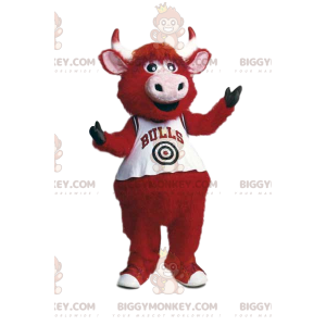 Costume de mascotte BIGGYMONKEY™ de bœuf rouge avec un maillot