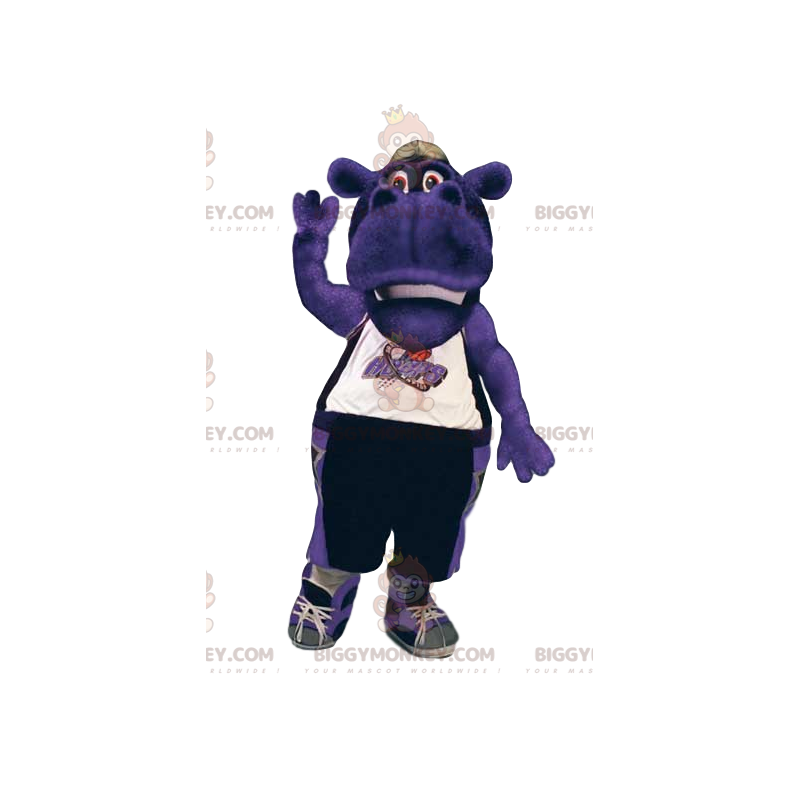 BIGGYMONKEY™ mascot costume of purple hippo in sportswear. -