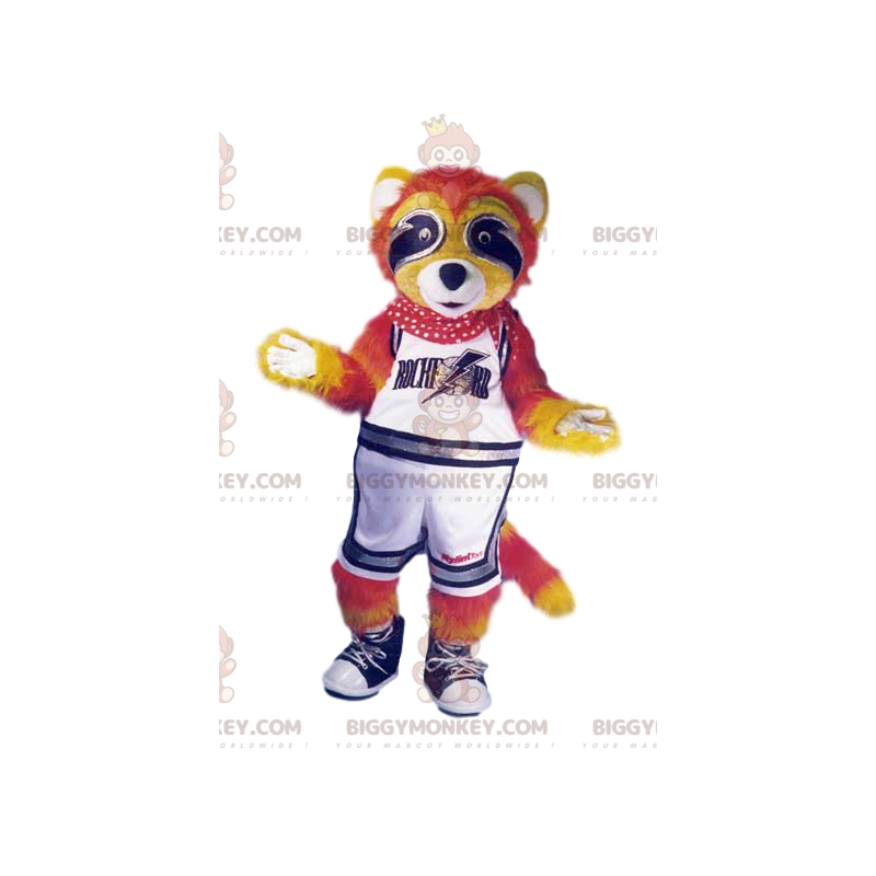 Orange Raccoon BIGGYMONKEY™ maskotdräkt i supporteroutfit. - Orange Raccoon BIGGYMONKEY™ maskotdräkt i supporteroutfit. -