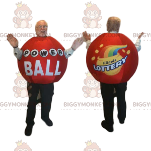 Costume de mascotte BIGGYMONKEY™ de boule de loterie rouge.