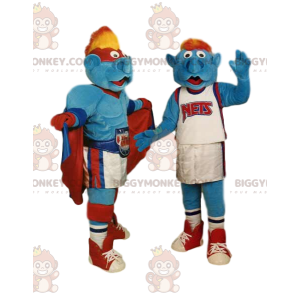 Dupla de mascote de super-heróis e jogadores de basquete do
