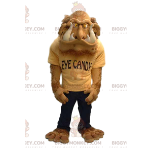 BIGGYMONKEY™ Mascot Costume Furry Beige Monster With Huge Teeth
