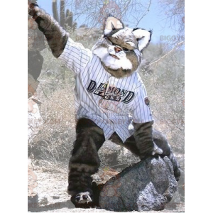 Costume da mascotte gigante peloso grigio e lince bianca