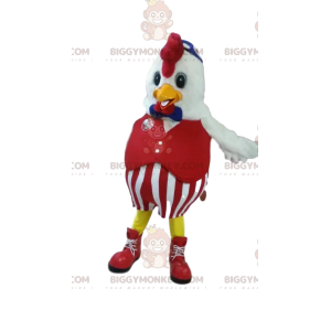 Kostým maskota kuře BIGGYMONKEY™ v červeném obleku. kuřecí