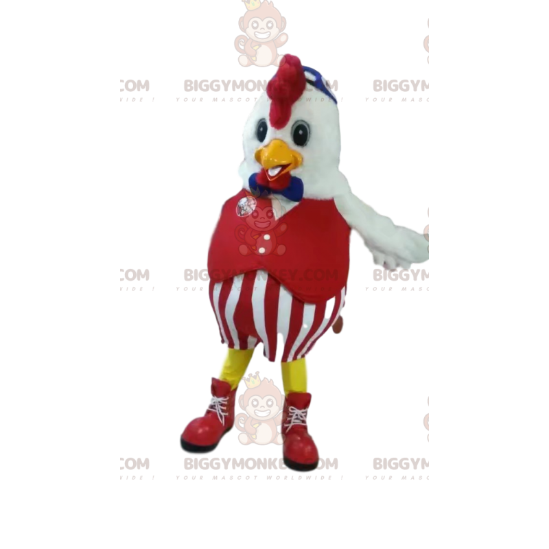 Huhn BIGGYMONKEY™ Maskottchenkostüm im roten Anzug. Huhn BIGGYMONKEY™ Maskottchenkostüm im roten Anzug.