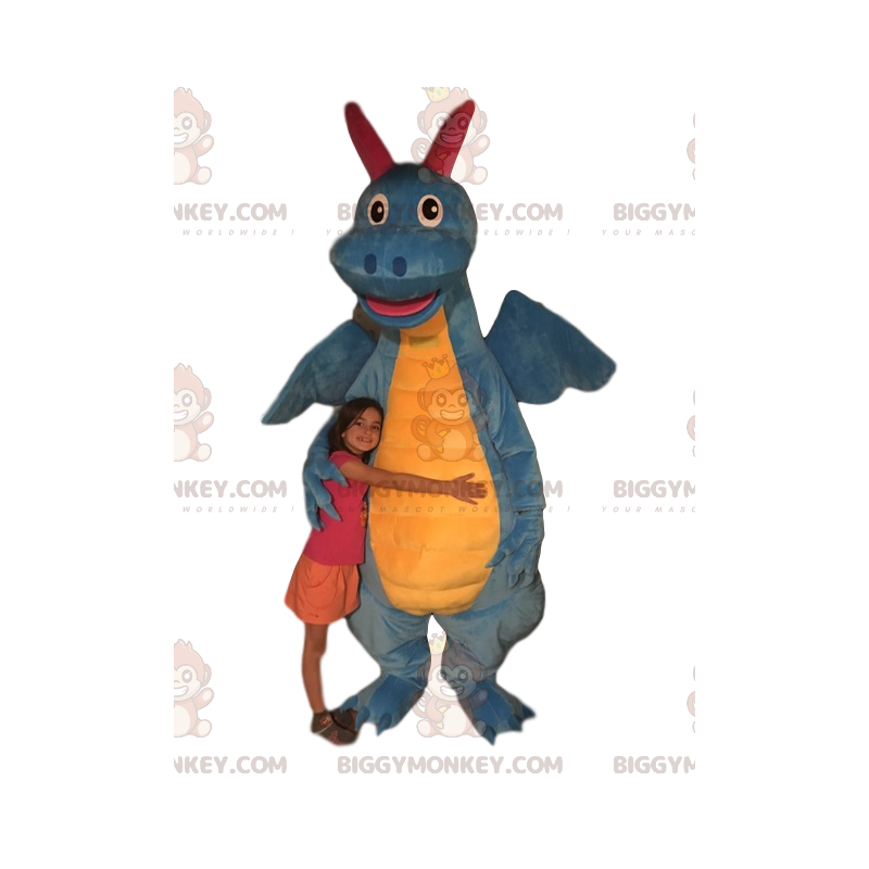 Disfraz de mascota dragón azul y amarillo BIGGYMONKEY™. traje