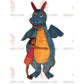 Disfraz de mascota dragón azul y amarillo BIGGYMONKEY™. traje