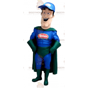 BIGGYMONKEY™ mascotte kostuum blauw en groen outfit superheld -