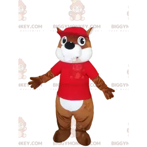 BIGGYMONKEY™ mascot costume of brown beaver with a red jersey.