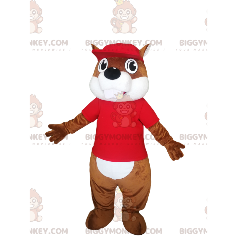 BIGGYMONKEY™ mascot costume of brown beaver with a red jersey.