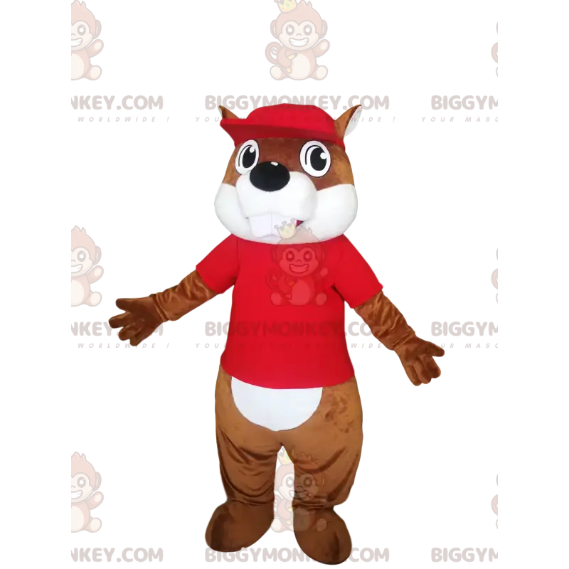 BIGGYMONKEY™ mascot costume of brown beaver with a red jersey. BIGGYMONKEY™ mascot costume of brown beaver with a red jersey.