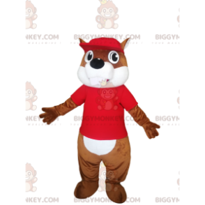 BIGGYMONKEY™ mascot costume of brown beaver with a red jersey.