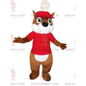 BIGGYMONKEY™ mascot costume of brown beaver with a red jersey.