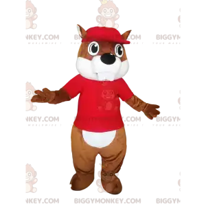 BIGGYMONKEY™ mascot costume of brown beaver with a red jersey.