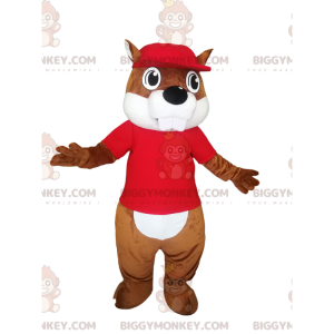 BIGGYMONKEY™ maskotkostume af brun bæver med en rød jersey. -