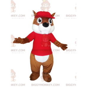 BIGGYMONKEY™ mascot costume of brown beaver with a red jersey.