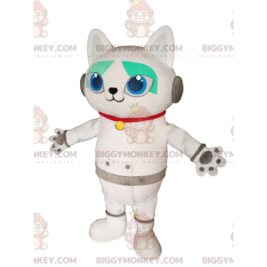 Weiße Katze BIGGYMONKEY™ Maskottchenkostüm mit Kopfhörern.