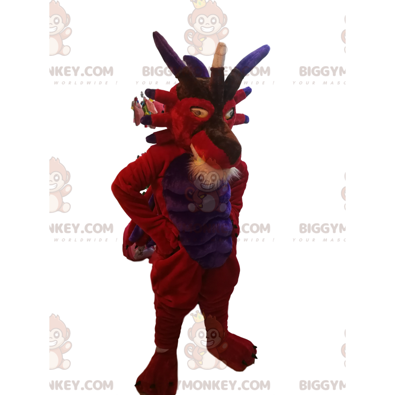 Czerwony i fioletowy kostium maskotki diabła BIGGYMONKEY™. Czerwony i fioletowy kostium maskotki diabła BIGGYMONKEY™.