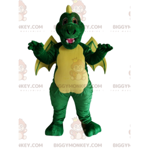 Traje da mascote do dragão verde e amarelo BIGGYMONKEY™.